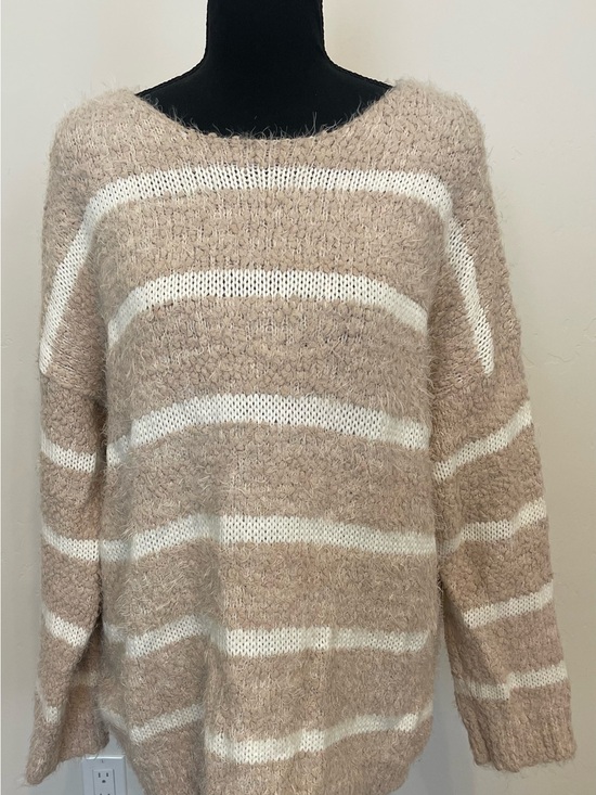 Calvin Klein Sweaters - Calvin Klein Women’s L Fuzzy Striped Oversized Pullover Sweater Beige Ivory